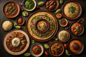 topp se av annorlunda indisk maträtter på mörk bakgrund. indisk kök. ai generativ foto