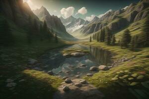 skön fantasi landskap med en flod i de berg. ai generativ foto