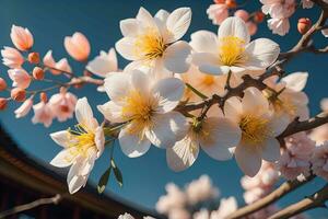 körsbär blomma sakura blomma på blå himmel bakgrund, ai generativ foto