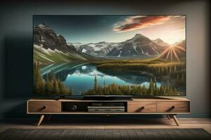 TV på de trä- skåp i modern levande rum. ai generativ foto