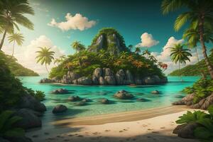 tropisk ö med handflatan träd och sand strand. ai generativ foto