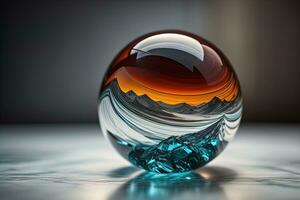 transparent kristall boll på en trä- tabell. ai generativ foto