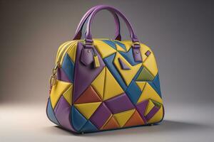 läder kvinnors handväska på en fast Färg bakgrund. ai generativ foto