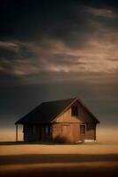 landskap trä hus i fält med molnig mörk himmel, ai generativ foto