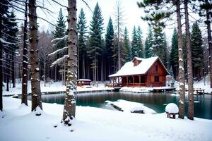 realistisk Foto landskap av vinter- snö skog sjö och trä hus, ai generativ
