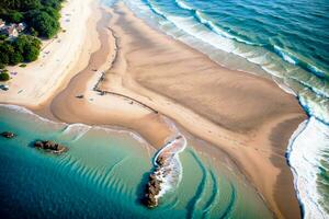 realistisk Foto landskap av tropisk strand, topp ner antenn se, ai generativ