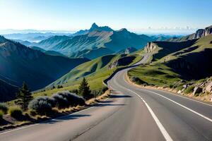 realistisk Foto skön landskap av bergen blå himmel och blåsigt vägar