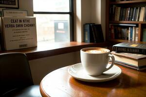 realistisk Foto av en kaffe kopp och bok på trä tabell i en kaffe affär med mysigt atmosfär, ai generativ