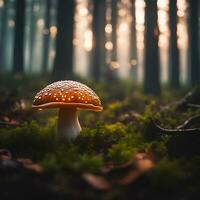 realistisk Foto av lysande svamp i en dimmig skog på skymning, ai generativ