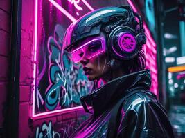 kvinna bär framtida stil halmet med neon vaporwave cyberpunk gata bakgrund, ai generativ foto