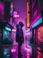 landskap illustration av neon vaporwave cyberpunk gata med graffiti på vägg foto