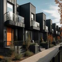 modern modul- privat svart radhus bostads- arkitektur exteriör generativ ai foto