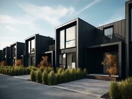 modern modul- privat svart radhus bostads- arkitektur exteriör generativ ai foto
