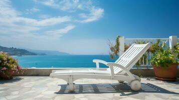 vit däck stol på de terrass med en fantastisk hav se under blå himmel på en solig dag generativ ai foto