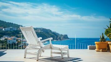 vit däck stol på de terrass med en fantastisk hav se under blå himmel på en solig dag generativ ai foto