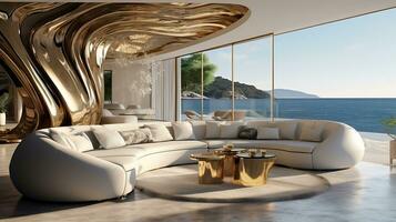 lyx villa på de havet interiör design av de modern levande rum med gyllene skulpturer generativ ai foto