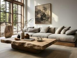 rustik leva kant tabell och stolar nära beige soffa interiör design av modern levande rum generativ ai foto