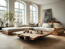 rustik leva kant tabell och stolar nära beige soffa interiör design av modern levande rum generativ ai foto