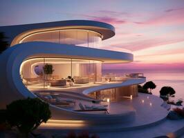 modern minimalistisk runda och böjd formad lyx hus villa med terrass på hav Strand på solnedgång generativ ai foto