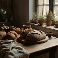 bröd på en tabell generativ ai foto