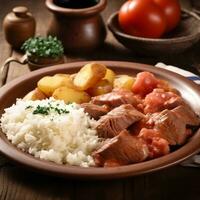 typisk brasiliansk kött dugg tomater och potatis generativ ai foto