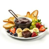 choklad fondue med frukt och rostat bröd generativ ai foto