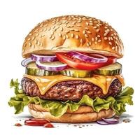 utsökt burger med många Ingredienser generativ ai foto