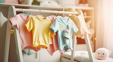 spädbarn romper kostymer nåd de bebis rum design, kompletterar de samtida interiör av en eleganta lägenhet. generativ ai foto