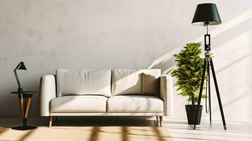 levande rum interiör dekorerad soffa, eleganta lampa, matta och inhemsk växt vistas på marmor golv. generativ ai foto