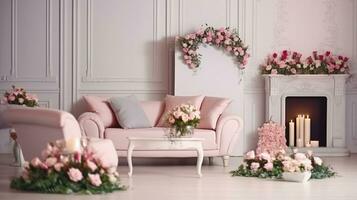 ljus soffa med rosa kuddar står i de interiör ljus studio rum nära de romantisk öppen spis dekorerad med vår blommor, krans, ljus. generativ ai foto