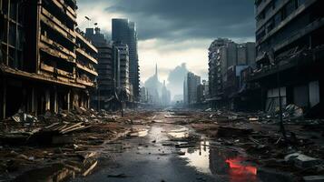 övergiven bruten stor stad med skyskrapor efter en katastrof, tornado, jordbävning eller krig. generativ ai foto