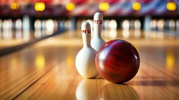 boll och stift på golv i bowling klubb. generativ ai foto