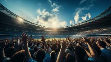 fotboll fläktar visa händer firande på stor stadion under fotboll spel med blå himmel, generativ ai foto