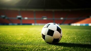 en fotboll boll lögner på en fält eller grön gräs gräsmatta på de bakgrund av de stadion står. generativ ai foto