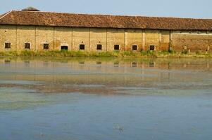 gammal gårdar i de ris fält i vercelli Italien foto