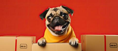 detta reklam är handla om en Lycklig mops hund med leverans lådor, och den är relaterad till en leverans foto