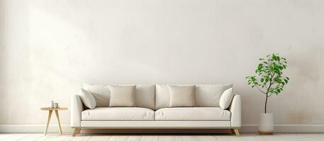 i en enkel och modern levande rum interiör, beige soffa placerad mot en vit vägg. de vägg tillhandahåller foto