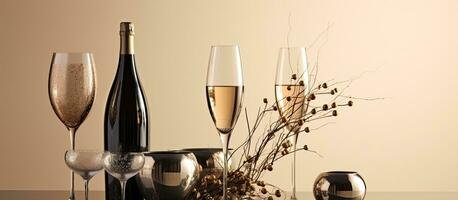 champagne glasögon tillverkad av gråtonad glas, längs med en flaska av champagne eller gnistrande vin, foto