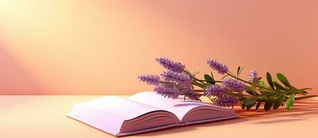 en baner med Plats för text, terar en orange bok eller anteckningsbok med lavendel- blommor inuti, foto