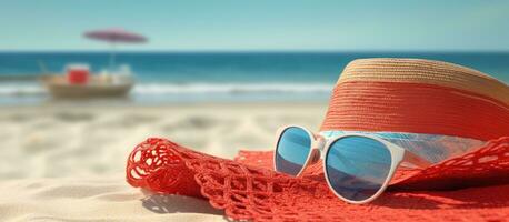 en solig strand med röd solglasögon, en solhatt, och en rullad strand handduk är de perfekt fläck för foto
