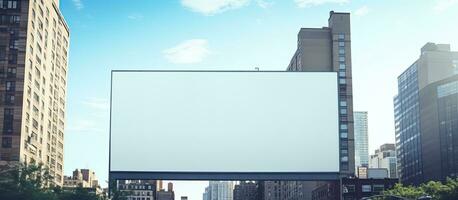 en stor vertikal anslagstavla med tömma Plats för text på ett urban bakgrund mot de blå foto
