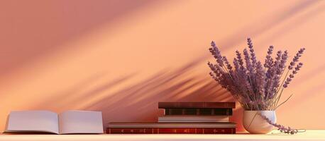 baner med en rosa bakgrund och lång skuggor, terar orange böcker eller bärbara datorer med lavendel- foto