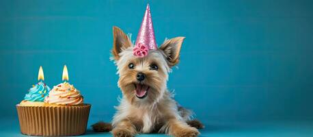 en glad och förtjusande hund är lyckligt fira med en födelsedag kaka och fest hatt. de hund foto