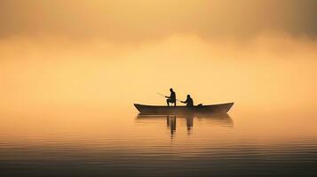 två fiskare i en små båt på en lugna sjö dolt förbi morgon- dimma foto