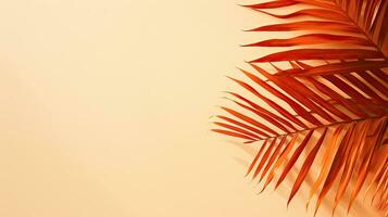 värma orange och beige sommar Färg bakgrund med tropisk handflatan skugga två trend pastell papper och exotisk växt skugga layout minimal platt lägga med blad silhuett täcka över foto
