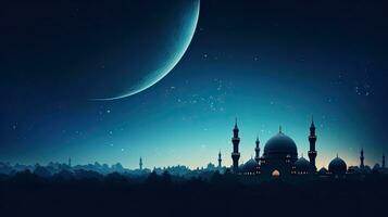 moskéer och halvmåne måne mot skymning himmel symbolisera islamic religion och fester foto