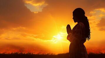 kvinna bön- mot härlig himmel bakgrund foto