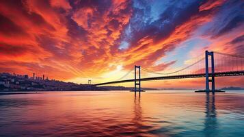 underbar soluppgång landskap i istanbul med färgrik moln istanbul s bosphorus bro 15 juli martyrer bro foto