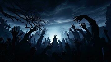 zombie framväxande från kyrkogård på mörk natt foto
