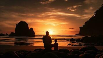 en far och son bunden på solnedgång på en bali strand foto